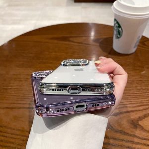 レンズ保護フィルム付き iphone16/15/14/14proパープルに合うケース iphone16/16プロ/13/13プロマックスケース キラキラ ストーン iphone16/12/12proクリア ケース おしゃれ スマホ ケース 透明 人気女子